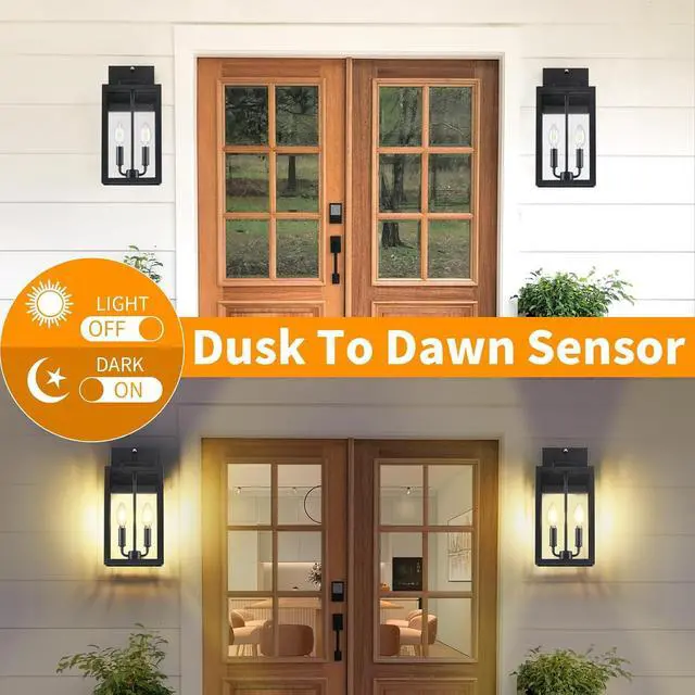 Alt view image 3 of 7 - 15.4" Dusk to Dawn Black Outdoor Wall Lantern 2-Light, Outside Modern Wall Sconce Light Fixture, Industrial Porch Light with E12 Sockets, Waterproof Exterior Lamp Lighting, 1 Pack