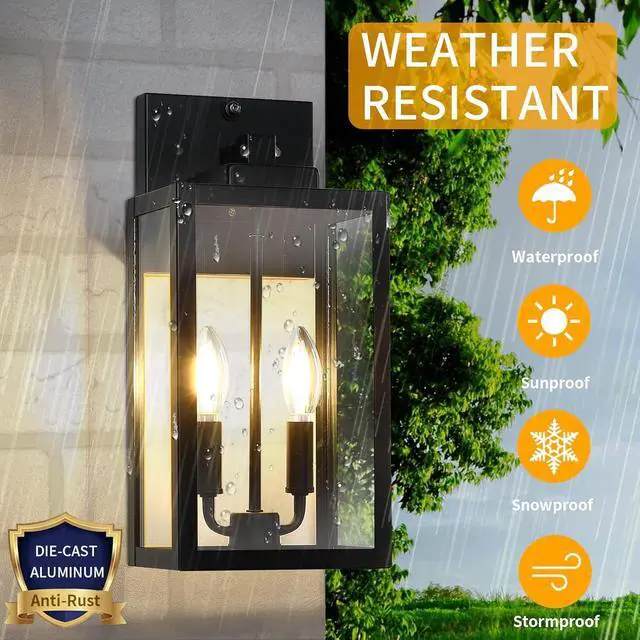 Alt view image 4 of 7 - 15.4" Dusk to Dawn Black Outdoor Wall Lantern 2-Light, Outside Modern Wall Sconce Light Fixture, Industrial Porch Light with E12 Sockets, Waterproof Exterior Lamp Lighting, 1 Pack