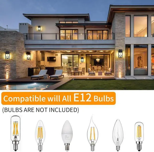 Alt view image 5 of 7 - 15.4" Dusk to Dawn Black Outdoor Wall Lantern 2-Light, Outside Modern Wall Sconce Light Fixture, Industrial Porch Light with E12 Sockets, Waterproof Exterior Lamp Lighting, 1 Pack
