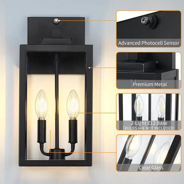 Alt view image 6 of 7 - 15.4" Dusk to Dawn Black Outdoor Wall Lantern 2-Light, Outside Modern Wall Sconce Light Fixture, Industrial Porch Light with E12 Sockets, Waterproof Exterior Lamp Lighting, 1 Pack