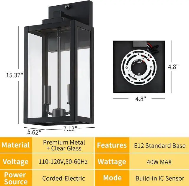 Alt view image 7 of 7 - 15.4" Dusk to Dawn Black Outdoor Wall Lantern 2-Light, Outside Modern Wall Sconce Light Fixture, Industrial Porch Light with E12 Sockets, Waterproof Exterior Lamp Lighting, 1 Pack