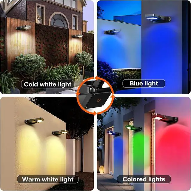 Alt view image 7 of 7 - 200LM Solar Wall Lights Outdoor 6 Colors, 2200mAh Long Lasting Solar Powered Deck Lights, 360° Adjustable Porch Light IP65 Waterproof, Glass Panel Fence Light for Gutter, Step, 4 Pack
