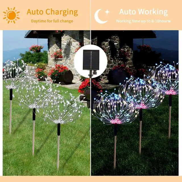 Alt view image 4 of 7 - Fireworks Solar Lights Outdoor 4 Pack 480 LED Pathway Lights Solar Powered Starburst Fairy Lights Waterproof 8 Lighting Modes with Remote Control for Patio Christmas Yard Decorative(Multi-colored)
