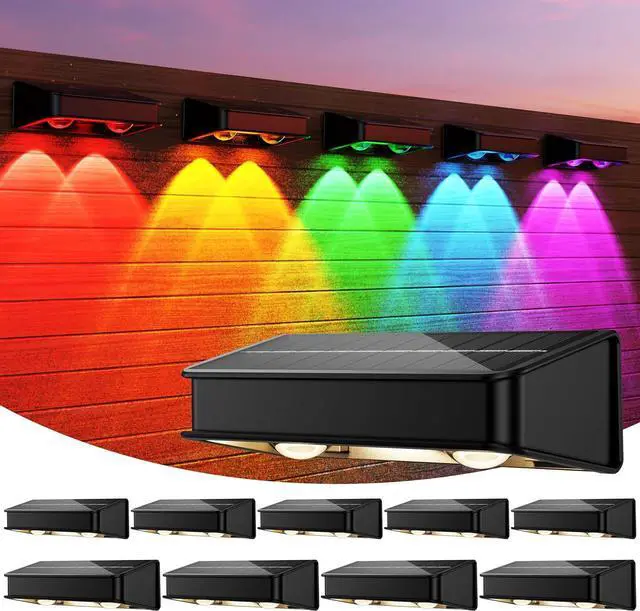 Main image of Solar Fence Lights 10 Pack, 9 Color Modes Outdoor Bulb Waterproof Led IP65, Solar Outdoor Lights for Backyard/Railing/Step/Wall/Patio/Yard (Black)