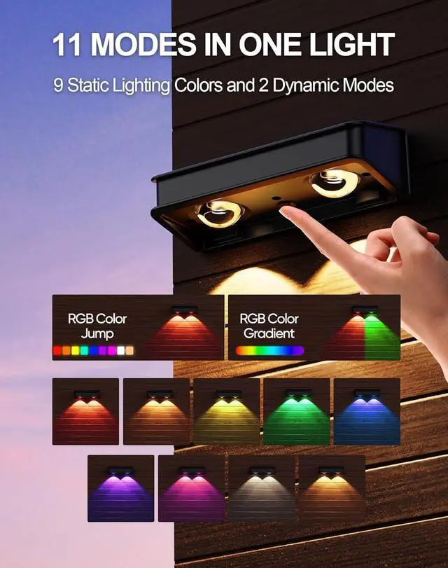 Alt view image 2 of 7 - Solar Fence Lights 10 Pack, 9 Color Modes Outdoor Bulb Waterproof Led IP65, Solar Outdoor Lights for Backyard/Railing/Step/Wall/Patio/Yard (Black)