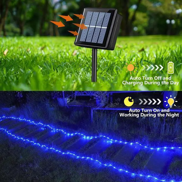 Alt view image 2 of 7 - YEGUO 66ft 200 LED Solar Rope Lights Outdoor Waterproof, Solar Pool Lights Blue, 8 Modes Solar Fairy Lights in Clear Thin Tube Outside