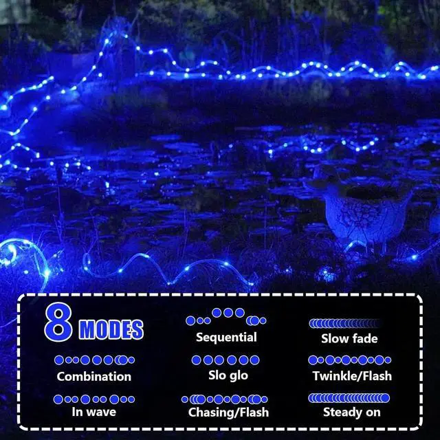 Alt view image 4 of 7 - YEGUO 66ft 200 LED Solar Rope Lights Outdoor Waterproof, Solar Pool Lights Blue, 8 Modes Solar Fairy Lights in Clear Thin Tube Outside