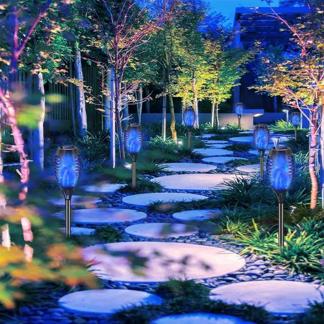 Alt view image 2 of 7 - Outdoor Solar Lights Blue, 12 Pack Solar Torch Lights with Flickering Flame Waterproof Mini Tiki Torches for Landscape Garden Pathway Dusk to Dawn Auto On/Off