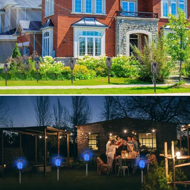 Alt view image 3 of 7 - Outdoor Solar Lights Blue, 12 Pack Solar Torch Lights with Flickering Flame Waterproof Mini Tiki Torches for Landscape Garden Pathway Dusk to Dawn Auto On/Off