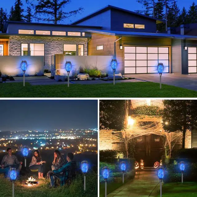 Alt view image 4 of 7 - Outdoor Solar Lights Blue, 12 Pack Solar Torch Lights with Flickering Flame Waterproof Mini Tiki Torches for Landscape Garden Pathway Dusk to Dawn Auto On/Off