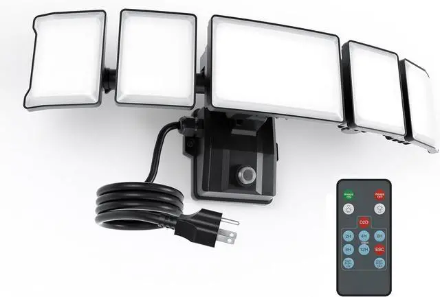 Main image of Olafus 100W Plug in Flood Lights Dusk to Dawn LED Outdoor Light with Remote, 5 Adjustable Heads IP65 Waterproof LED Security Light with Photocell for Yard Garden Porch Black