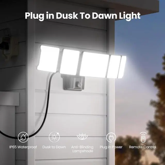 Alt view image 2 of 7 - Olafus 100W Plug in Flood Lights Dusk to Dawn LED Outdoor Light with Remote, 5 Adjustable Heads IP65 Waterproof LED Security Light with Photocell for Yard Garden Porch Black