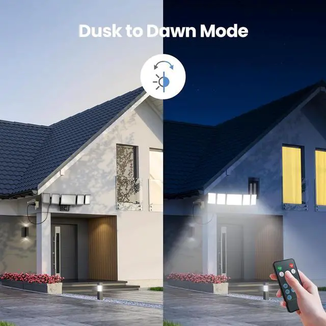 Alt view image 3 of 7 - Olafus 100W Plug in Flood Lights Dusk to Dawn LED Outdoor Light with Remote, 5 Adjustable Heads IP65 Waterproof LED Security Light with Photocell for Yard Garden Porch Black