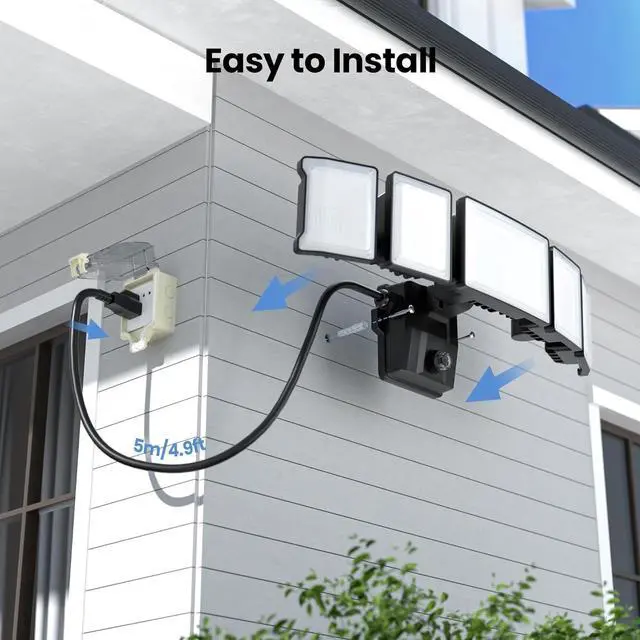 Alt view image 5 of 7 - Olafus 100W Plug in Flood Lights Dusk to Dawn LED Outdoor Light with Remote, 5 Adjustable Heads IP65 Waterproof LED Security Light with Photocell for Yard Garden Porch Black