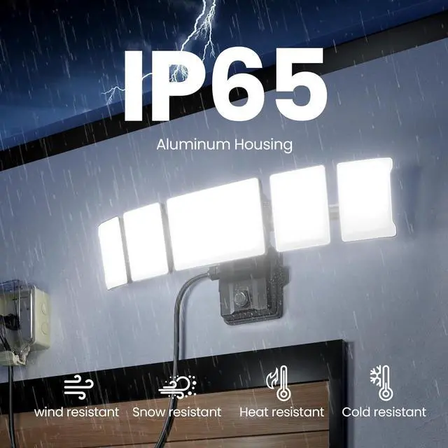 Alt view image 7 of 7 - Olafus 100W Plug in Flood Lights Dusk to Dawn LED Outdoor Light with Remote, 5 Adjustable Heads IP65 Waterproof LED Security Light with Photocell for Yard Garden Porch Black