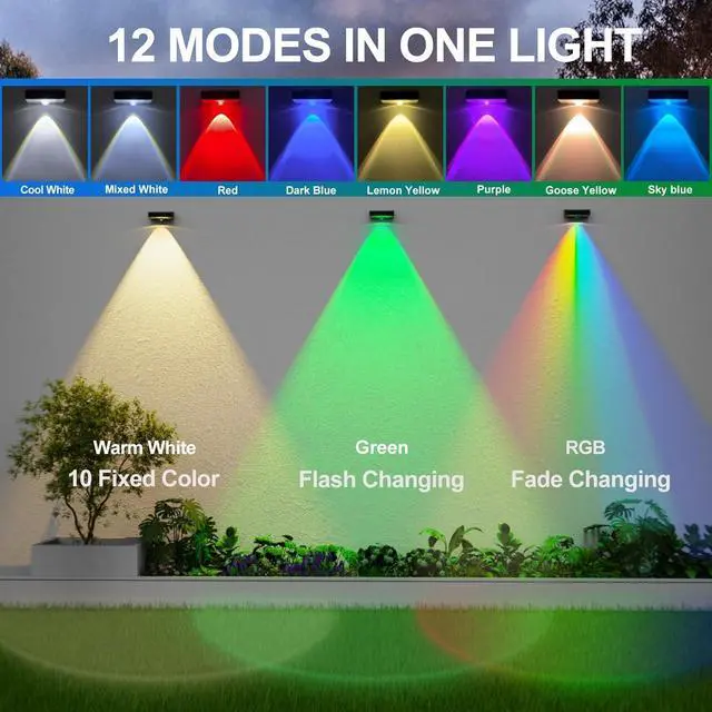 Alt view image 2 of 7 - Solar Fence Lights,Fence Lights Solar Powered Waterproof IP65 Multicolor Led 12 Fixed Colors RGB Color Changing for Pool, Deck, Patio, Porch, Stairs, Holiday(8)