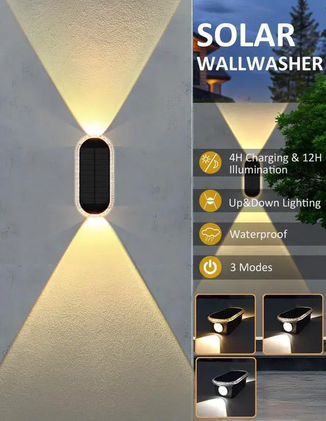 Alt view image 2 of 7 - Solar Fence Lights Outdoor, 3000K/4000K/6000K 3 Modes Solar Wall Lights Outdoor Waterproof, Up&Down Dual-Head Outdoor Solar Lights for Yard House Fence Backyard Deck Garden Patio Porch, 6 PK