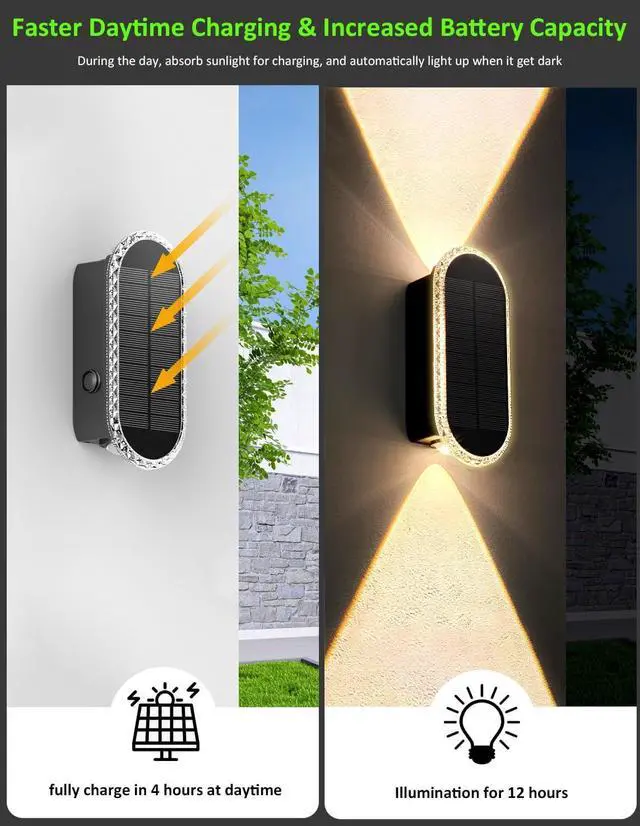 Alt view image 3 of 7 - Solar Fence Lights Outdoor, 3000K/4000K/6000K 3 Modes Solar Wall Lights Outdoor Waterproof, Up&Down Dual-Head Outdoor Solar Lights for Yard House Fence Backyard Deck Garden Patio Porch, 6 PK