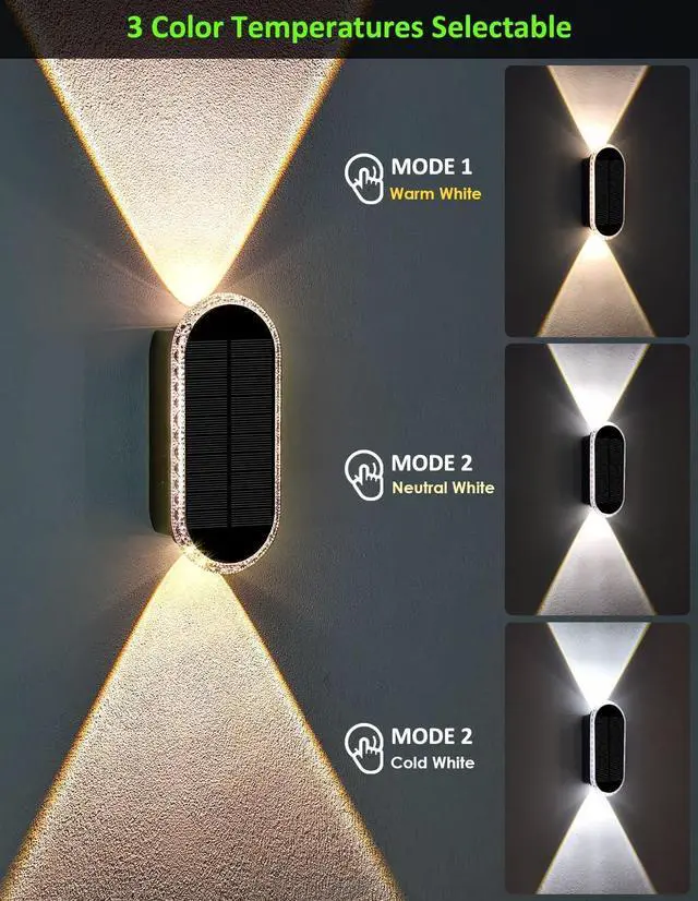 Alt view image 4 of 7 - Solar Fence Lights Outdoor, 3000K/4000K/6000K 3 Modes Solar Wall Lights Outdoor Waterproof, Up&Down Dual-Head Outdoor Solar Lights for Yard House Fence Backyard Deck Garden Patio Porch, 6 PK