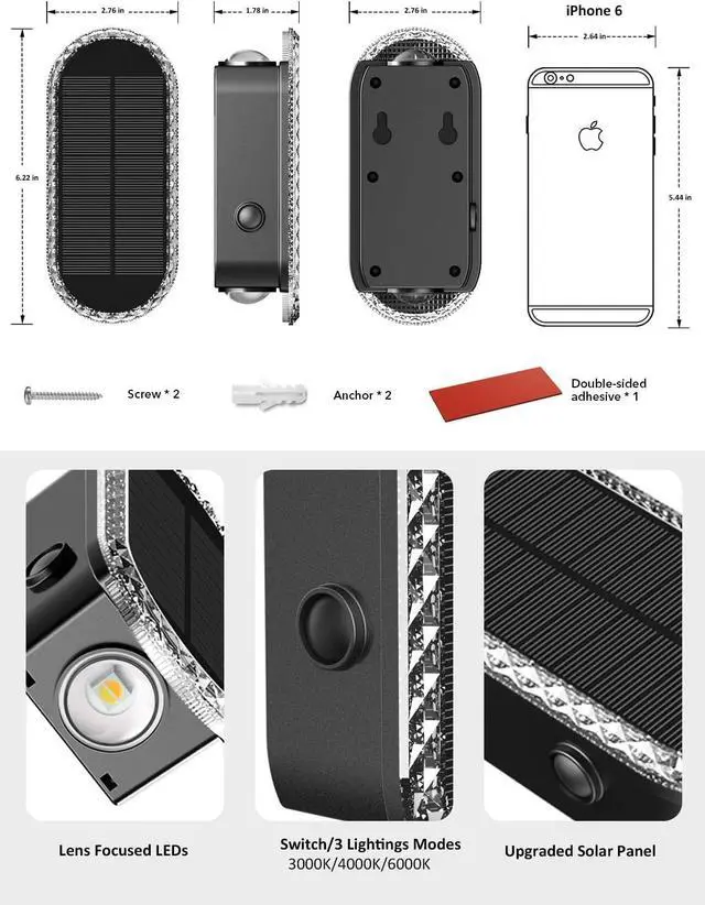 Alt view image 7 of 7 - Solar Fence Lights Outdoor, 3000K/4000K/6000K 3 Modes Solar Wall Lights Outdoor Waterproof, Up&Down Dual-Head Outdoor Solar Lights for Yard House Fence Backyard Deck Garden Patio Porch, 6 PK