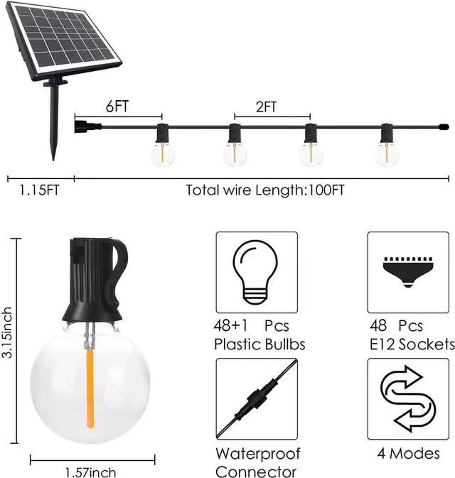 Alt view image 2 of 7 - SUNTHIN 100ft Solar String Lights, USB Rechargeable Solar Outdoor Lights with 48 Waterproof & Shatterproof G40 LED Bulbs for Patio, Porch, Garden, Deck, Bistro, Cafe, Camping