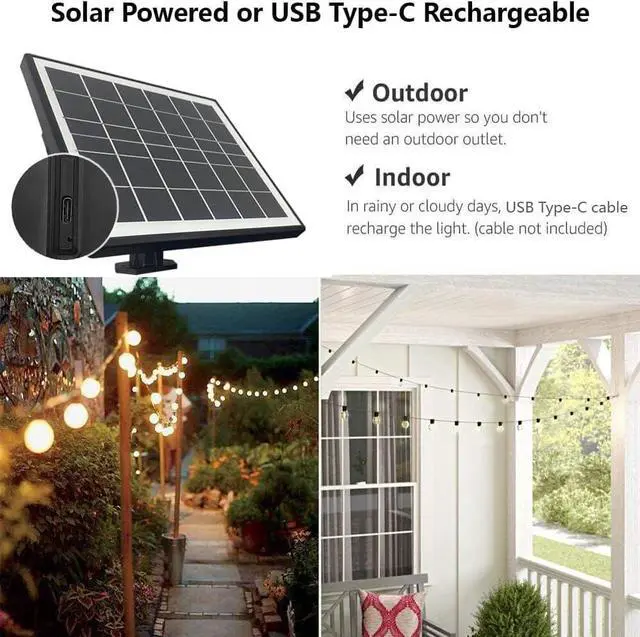Alt view image 4 of 7 - SUNTHIN 100ft Solar String Lights, USB Rechargeable Solar Outdoor Lights with 48 Waterproof & Shatterproof G40 LED Bulbs for Patio, Porch, Garden, Deck, Bistro, Cafe, Camping
