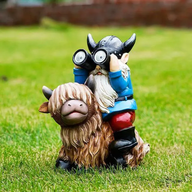 Main image of Garden Gnome Statues Resin Gnome Sitting on Highland Cow Solar LED Lights Outdoor Telescope Gnome Decorations