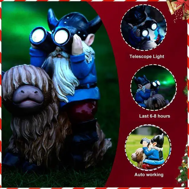 Alt view image 2 of 7 - Garden Gnome Statues Resin Gnome Sitting on Highland Cow Solar LED Lights Outdoor Telescope Gnome Decorations