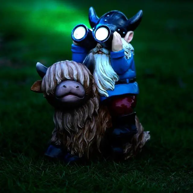 Alt view image 3 of 7 - Garden Gnome Statues Resin Gnome Sitting on Highland Cow Solar LED Lights Outdoor Telescope Gnome Decorations