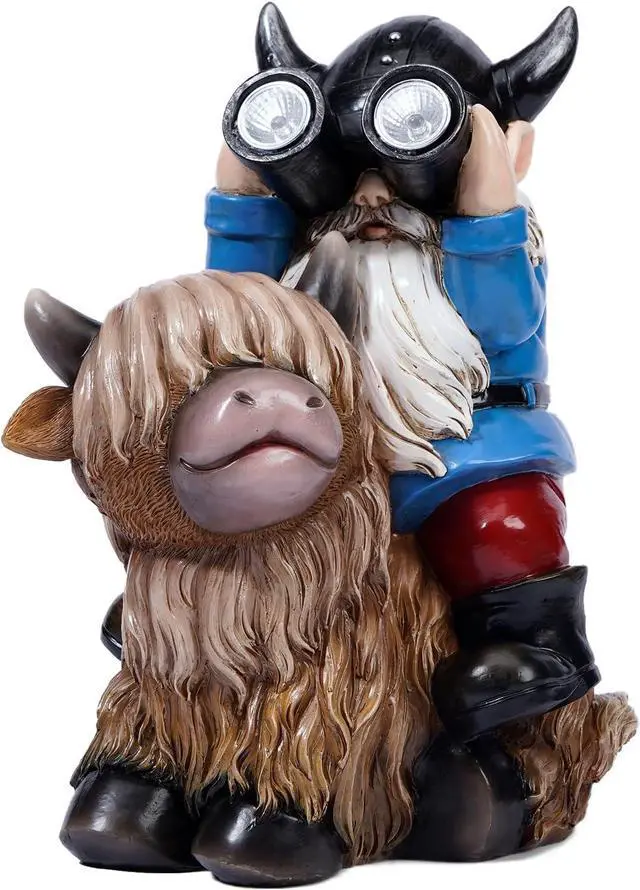 Alt view image 5 of 7 - Garden Gnome Statues Resin Gnome Sitting on Highland Cow Solar LED Lights Outdoor Telescope Gnome Decorations
