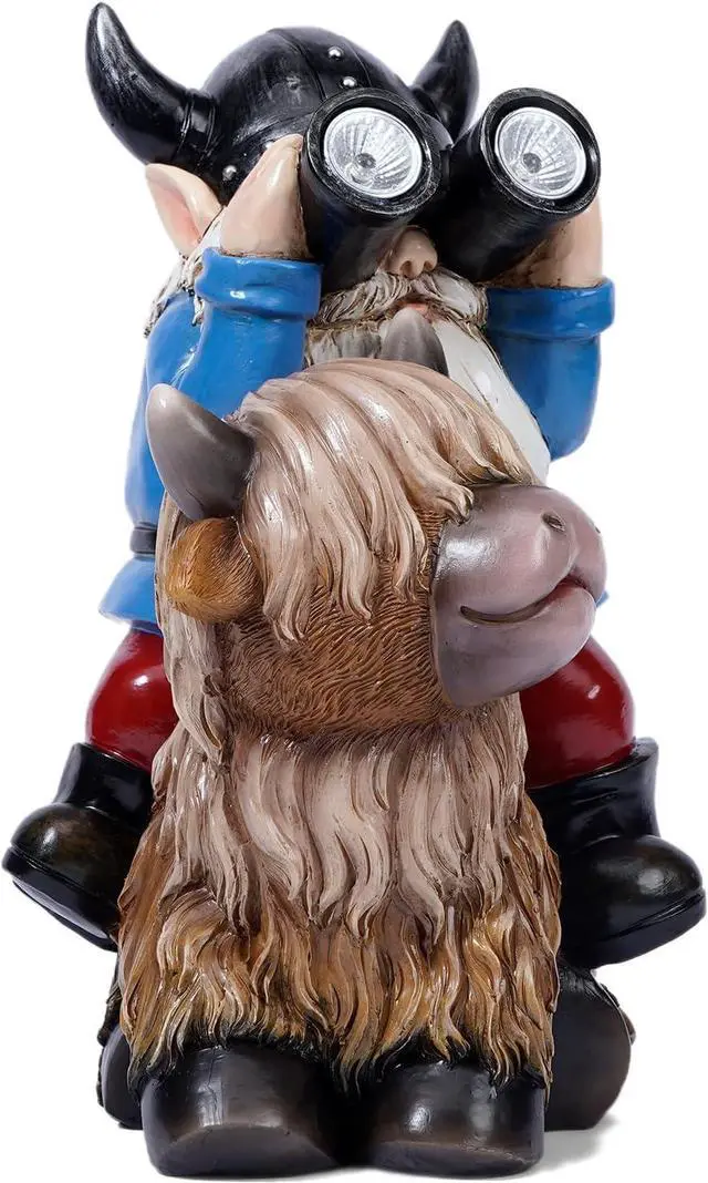 Alt view image 7 of 7 - Garden Gnome Statues Resin Gnome Sitting on Highland Cow Solar LED Lights Outdoor Telescope Gnome Decorations