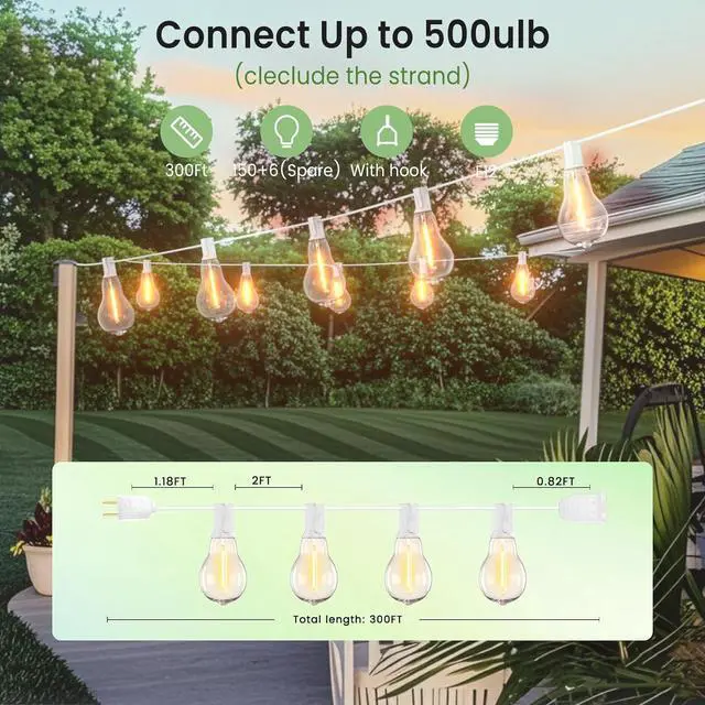 Alt view image 3 of 7 - String Lights for Outside 300FT(3x100FT) Outdoor Lights with 150+6(Spare) Edison Shatterproof Bulbs, Patio Light Connectable for Backyard, Bistro,Porch,White Cord String Light Waterproof