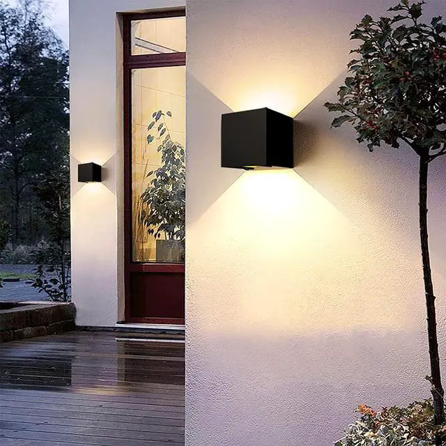 Alt view image 4 of 7 - 4-Pack LED Outdoor Wall Mount Lights Exterior/Interior, Square Modern Wall Sconce Fixture Set, Up and Down Lights IP65 Outdoor Waterproof Lights, 12W Warm Light 3000K Light Sconce (Matte Black)