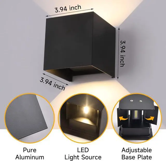 Alt view image 6 of 7 - 4-Pack LED Outdoor Wall Mount Lights Exterior/Interior, Square Modern Wall Sconce Fixture Set, Up and Down Lights IP65 Outdoor Waterproof Lights, 12W Warm Light 3000K Light Sconce (Matte Black)