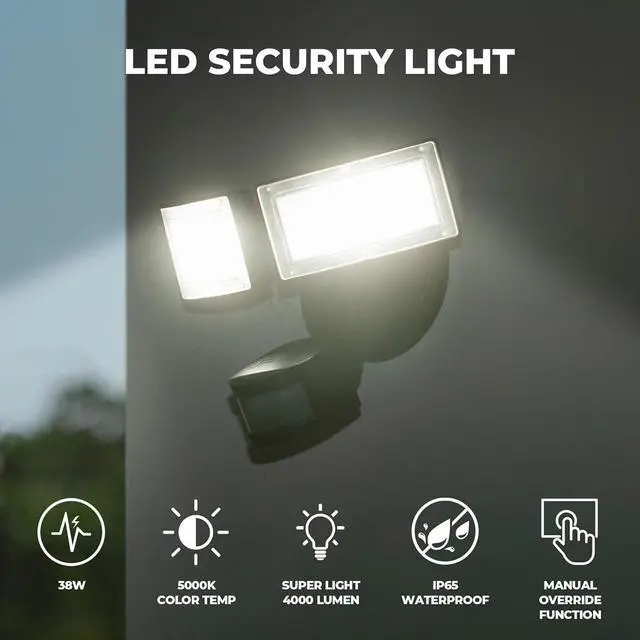 Alt view image 2 of 7 - LED Motion Sensor Outdoor Lights, 38W 4000LM 5000K Daylight, IP65 Waterproof Flood Light, 2 Head Dusk to Dawn Motion Detected Security Lights for Patio, Garage, Yard (Black)