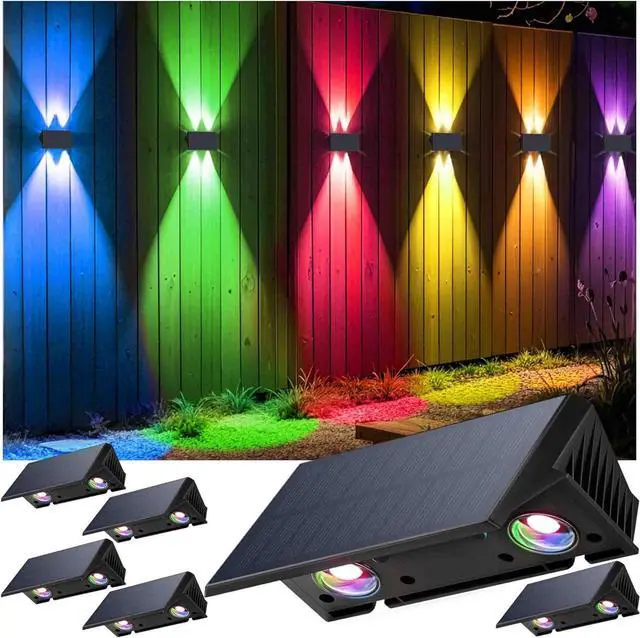 Main image of Fence Lights Solar Powered, 6-Pack Solar Fence Lights Up/Down Flexible Buttons, IP67 Waterproof for Outdoor, 100LM Bright, Auto Dusk to Dawn for Wall/Stairs/Yard/Railing/Deck/Pathway (White & RGB)