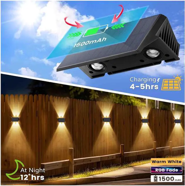 Alt view image 2 of 7 - Fence Lights Solar Powered, 6-Pack Solar Fence Lights Up/Down Flexible Buttons, IP67 Waterproof for Outdoor, 100LM Bright, Auto Dusk to Dawn for Wall/Stairs/Yard/Railing/Deck/Pathway (White & RGB)