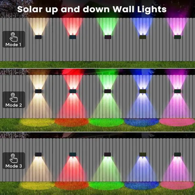 Alt view image 4 of 7 - Fence Lights Solar Powered, 6-Pack Solar Fence Lights Up/Down Flexible Buttons, IP67 Waterproof for Outdoor, 100LM Bright, Auto Dusk to Dawn for Wall/Stairs/Yard/Railing/Deck/Pathway (White & RGB)