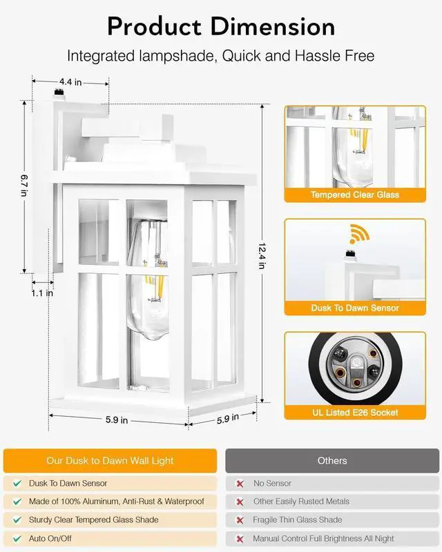 Alt view image 7 of 7 - White Outdoor Light Fixture, 2 Pack Dusk to Dawn Exterior Lighting Fixtures, Anti-Rust Porch Lights, Dusk to Dawn Outdoor Lighting for House, Garage, Garden, Entryway, Doorway