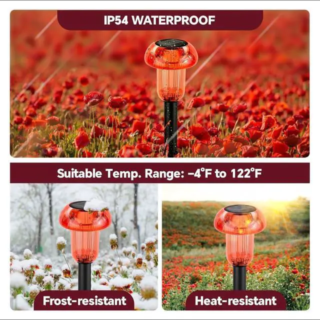 Alt view image 3 of 7 - Halloween Solar Pathway Lights Outdoor 4 Pack, Red LED Driveway Light Solar Powered, Garden Decor, Mushroom Solar Lights Outdoor Waterproof for Outside Yard, Sidewalk, Lawn, Patio, Christmas