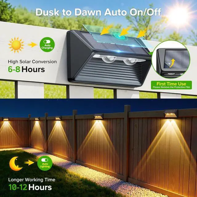 Alt view image 4 of 7 - WdtPro Solar Fence Lights Outdoor - 3500K/6000K 2 Modes, Super Bright Lens LED Fence Lights Solar Powered, IP65 Waterproof Solar Deck Light for Outside Patio Step Stair Railing Wall (6 Pack)