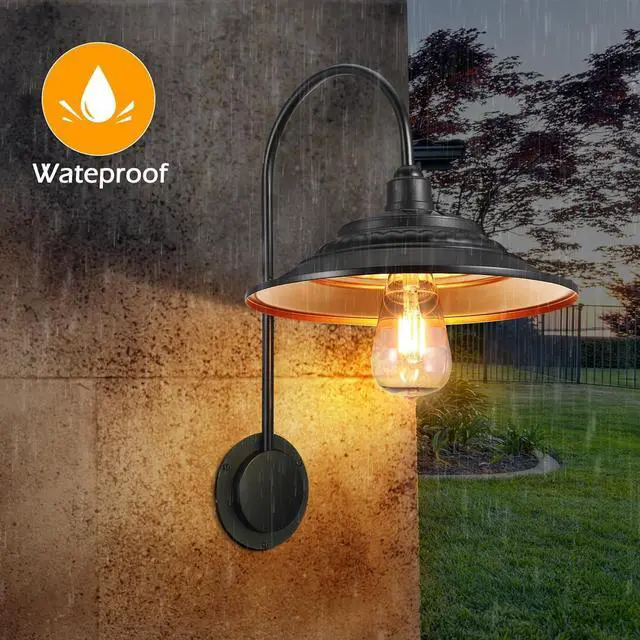 Alt view image 3 of 6 - Solar Barn Lights for Outside, 2PCS Waterproof Solar Wall Light Fixture, Rustic Vintage Metal Gooseneck Wall Mount Outdoor Lights with Gold Interior, for Outdoor Barn Shed Farmhouse Porch
