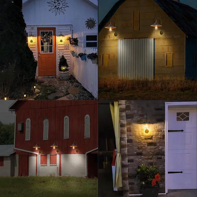 Alt view image 6 of 6 - Solar Barn Lights for Outside, 2PCS Waterproof Solar Wall Light Fixture, Rustic Vintage Metal Gooseneck Wall Mount Outdoor Lights with Gold Interior, for Outdoor Barn Shed Farmhouse Porch