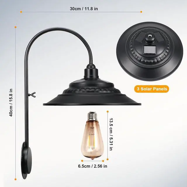 Alt view image 5 of 6 - Solar Barn Lights for Outside, 2PCS Waterproof Solar Wall Light Fixture, Rustic Vintage Metal Gooseneck Wall Mount Outdoor Lights with Gold Interior, for Outdoor Barn Shed Farmhouse Porch