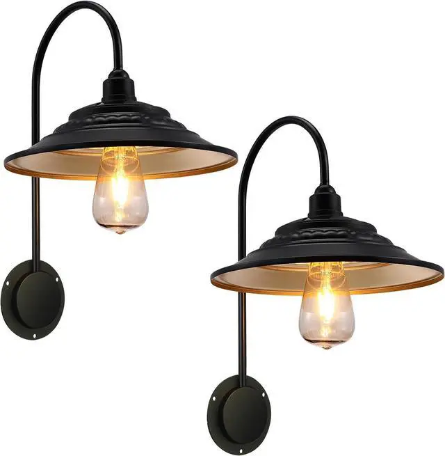 Main image of Solar Barn Lights for Outside, 2PCS Waterproof Solar Wall Light Fixture, Rustic Vintage Metal Gooseneck Wall Mount Outdoor Lights with Gold Interior, for Outdoor Barn Shed Farmhouse Porch