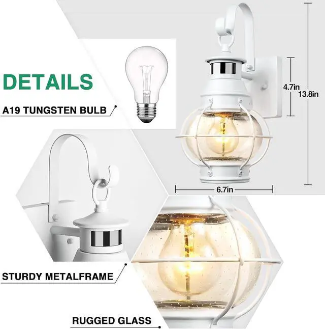 Alt view image 4 of 6 - Lamomo White Outdoor Light,Exterior Front Porch Lights for House,Dusk to Dawn Motion Sensor Lights,Waterproof Anti-Rust Wall Mount Lantern for Outside,Garage(NO Bulb)