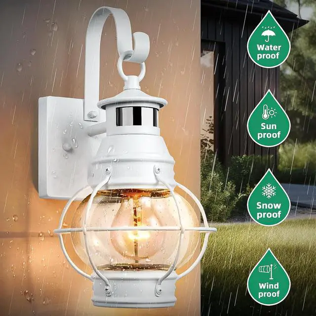 Alt view image 5 of 6 - Lamomo White Outdoor Light,Exterior Front Porch Lights for House,Dusk to Dawn Motion Sensor Lights,Waterproof Anti-Rust Wall Mount Lantern for Outside,Garage(NO Bulb)