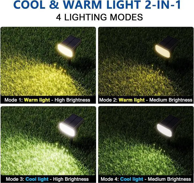 Alt view image 2 of 7 - Solar Lights Outdoor Waterproof IP65, Super Bright LED, 2CCT 4 Lighting Modes 3000K/6500K Selectable, Solar Powered Yard Garden Solar Spot Lights for Outside Landscape Auto On/Off -2 Pack