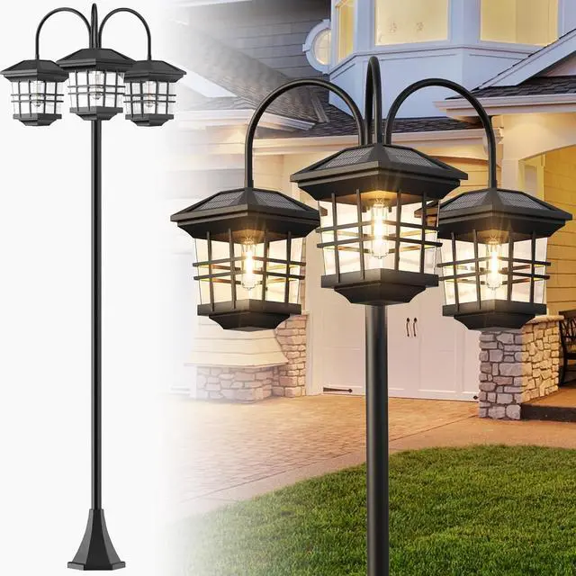 Main image of 76" Classic Black Solar Lamp Post Lights - 3-Head Waterproof Outdoor Street Lights, Pole Light Decorative Lamp for Backyard, Garden, Driveway, Lawn (LED Bulbs Included)