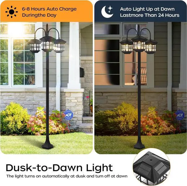 Alt view image 2 of 7 - 76" Classic Black Solar Lamp Post Lights - 3-Head Waterproof Outdoor Street Lights, Pole Light Decorative Lamp for Backyard, Garden, Driveway, Lawn (LED Bulbs Included)